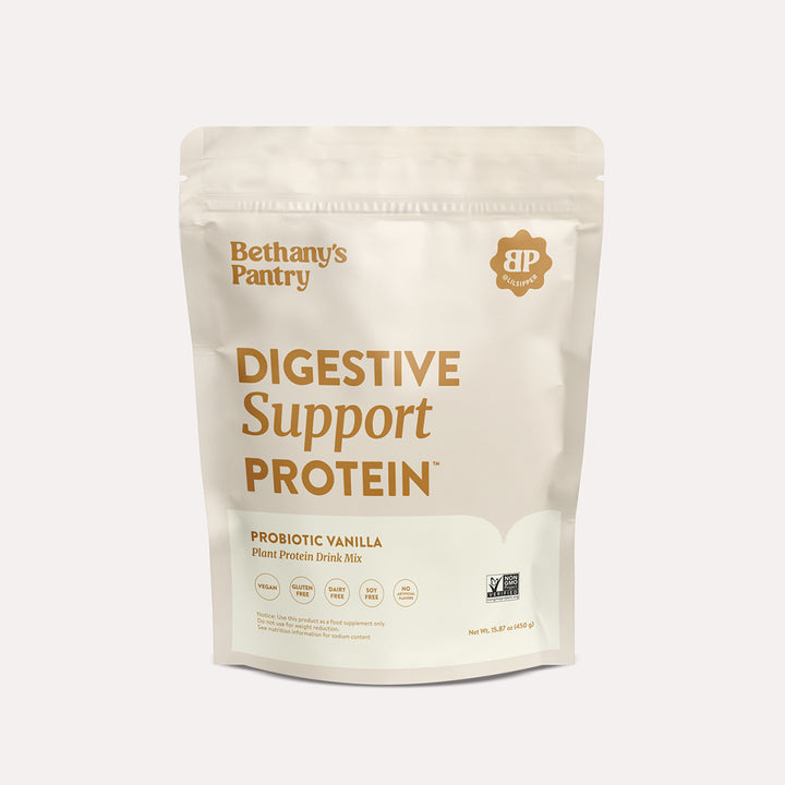 Protein powder package with 'Bethany's Pantry' branding on a white background