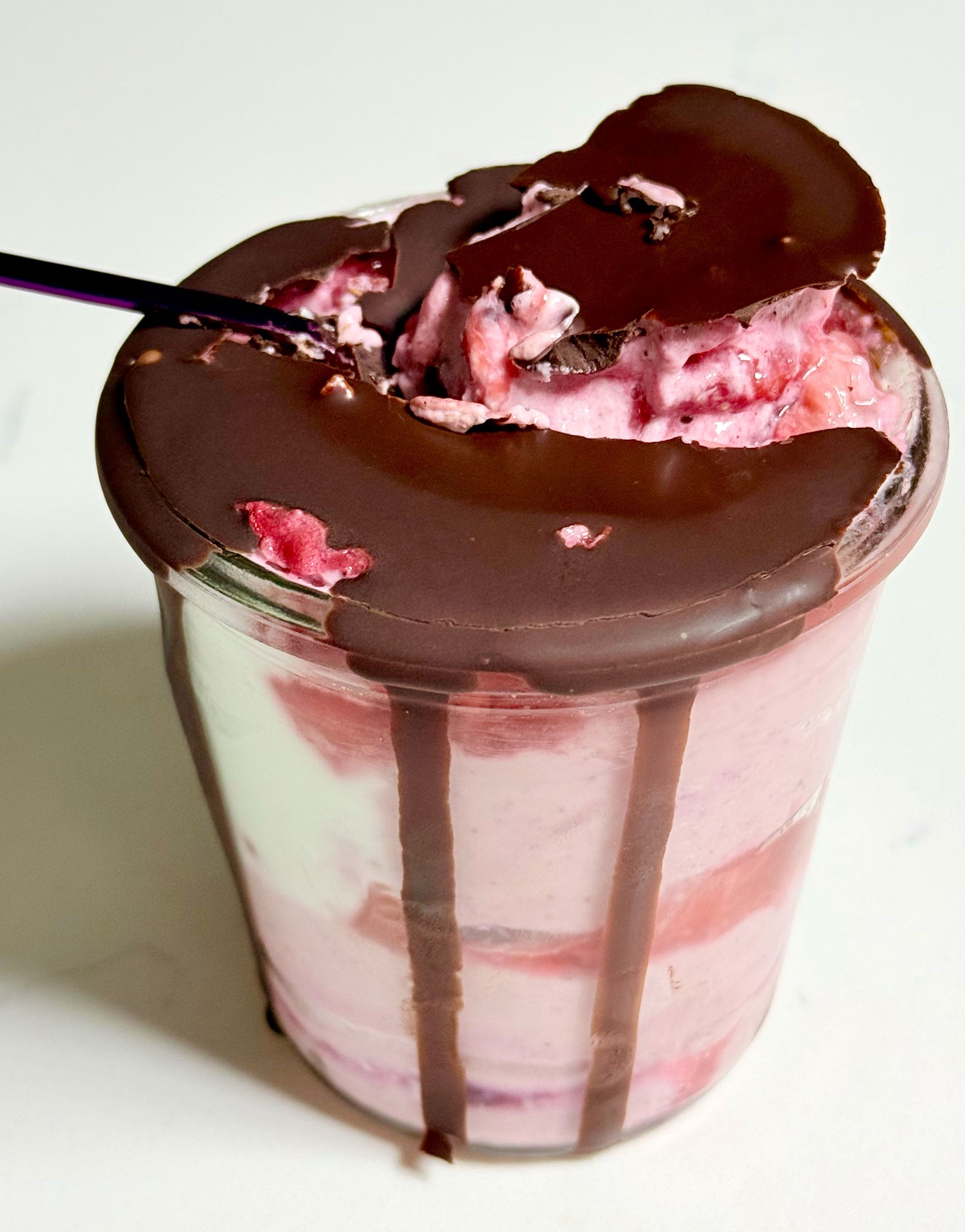 High Protein Strawberries n’ Cream Cup with Chocolate Shell (Low Carb & Keto Friendly)