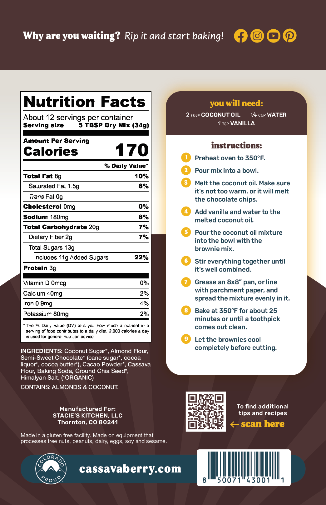 Cassavaberry® Chocolate Chip Almond Flour Brownie Mix