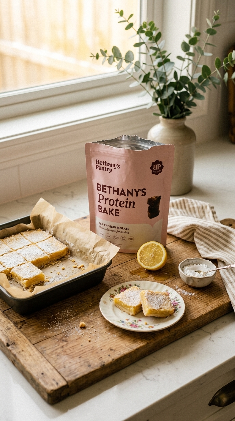 Bethany's Protein Bake package on a wooden table with lemon bars and a plant in the background
